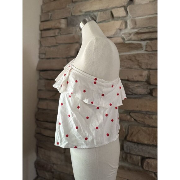 Mi Ami Francesca’s Piper Cold Shoulder Red White Polka Dot Ruffle Top Sz S Linen - Picture 3 of 12